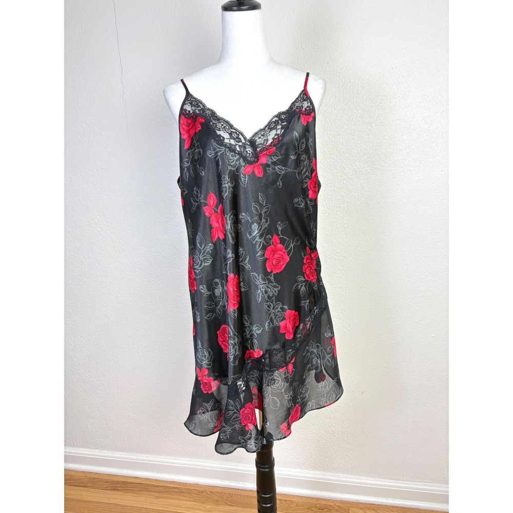 Dark Romantic Floral Lace Trim Satin Mini Slip Dress Size XL Whimsigoth Y2K
